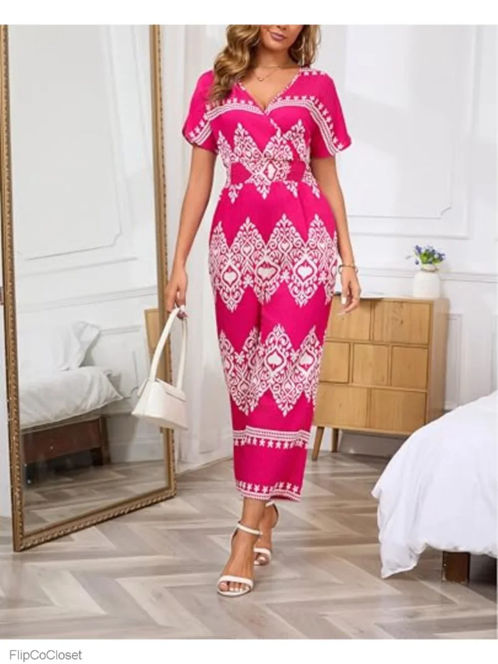 Womens Floral Boho Jumpsuit Cotton Linen V-Neck Short Sleeve Pockets